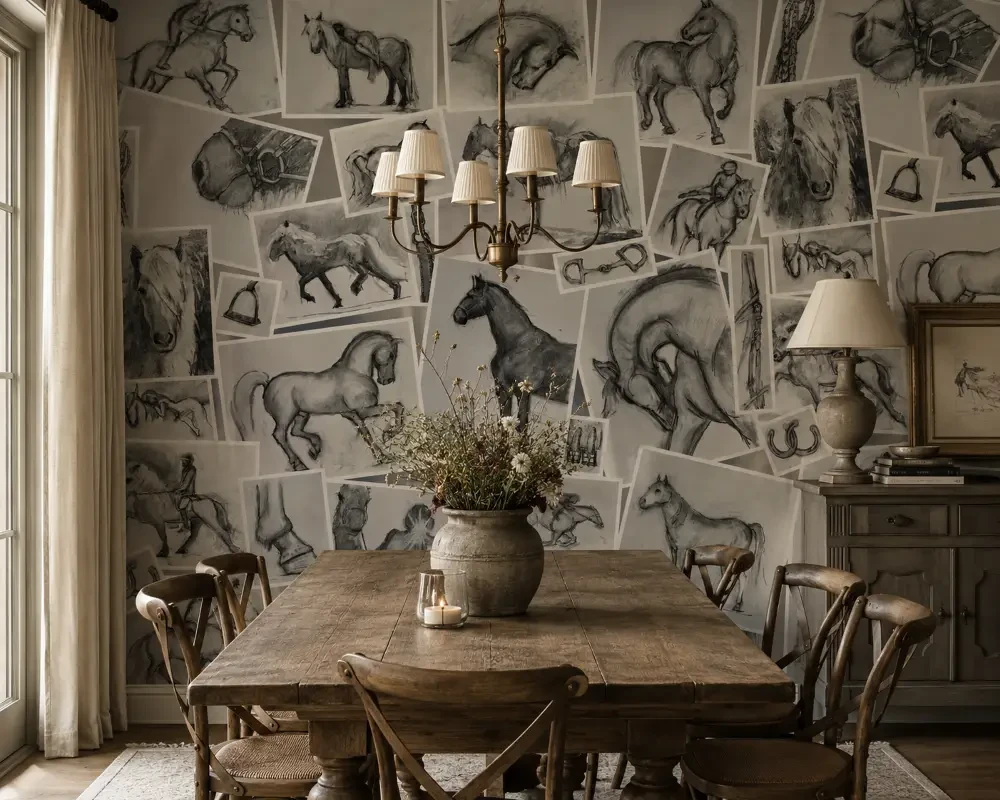 Equestrian collage mural in dining room