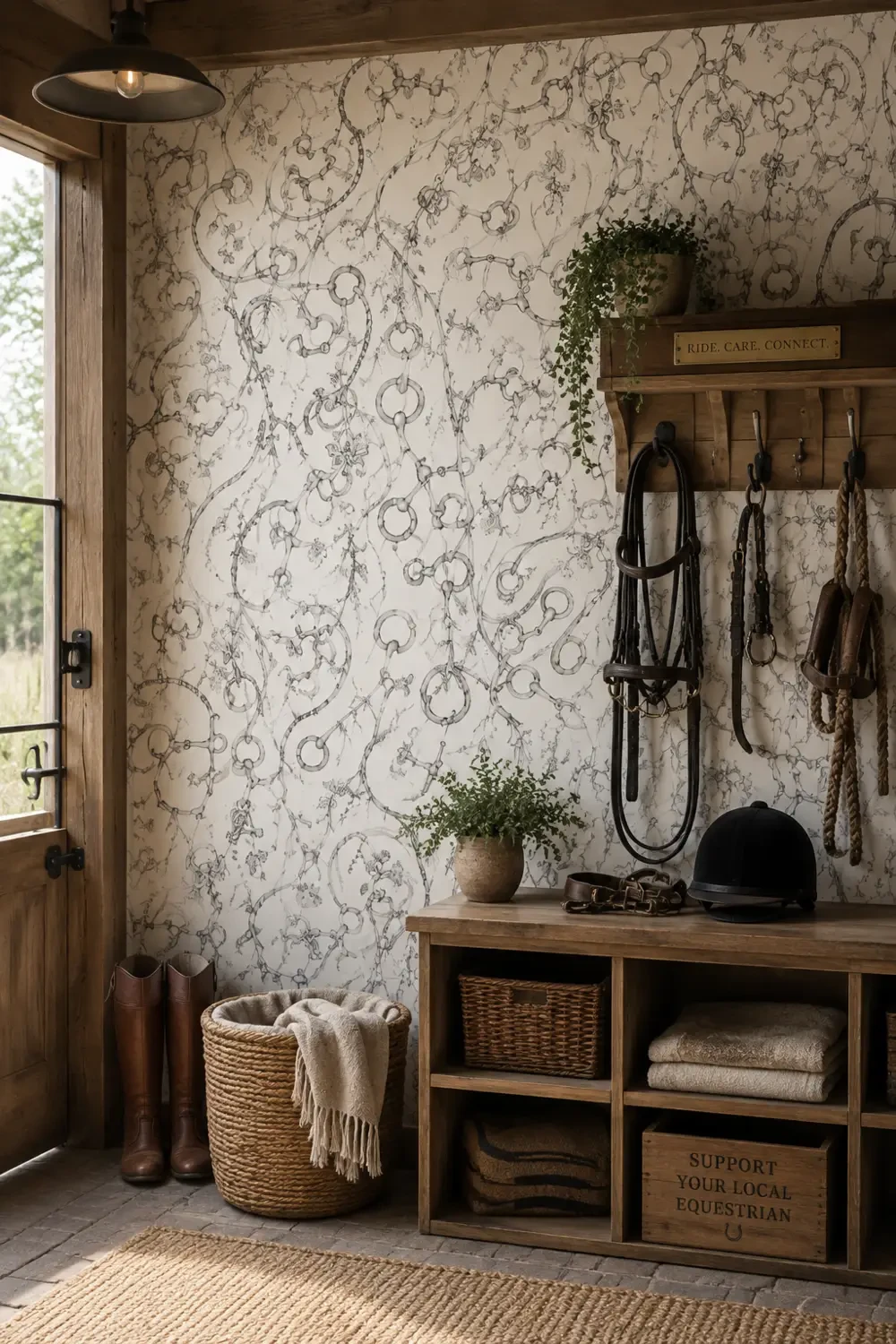 Tack and botanical wallpaper in room setting